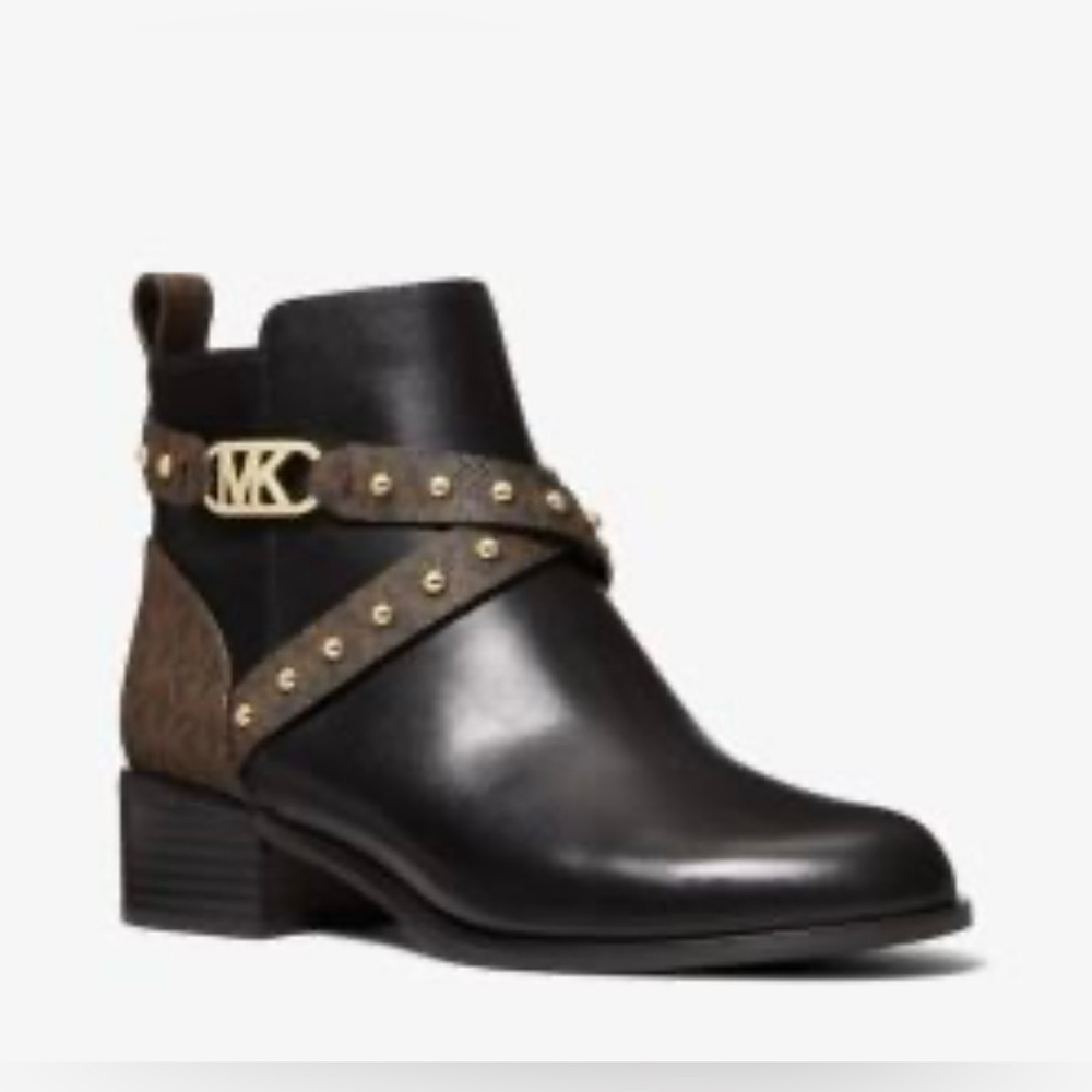 MK Black Leather Ankle Boot with Brown Logo Strap